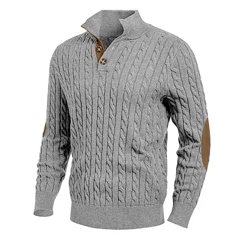 Herren Slim Fit Zopfmuster Strickjacke Knopf Stehkragen Langarm Top Mit Wildleder Ellbogen-Patches Winter Warm Acryl Pullover
