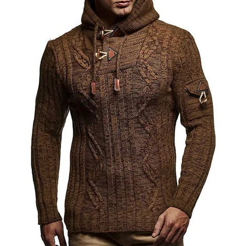 Jersey Slim Fit con Capucha para Hombre de Punto Trenzado Manga Larga con Botones de Cuerno Top de Punto Casual Invierno