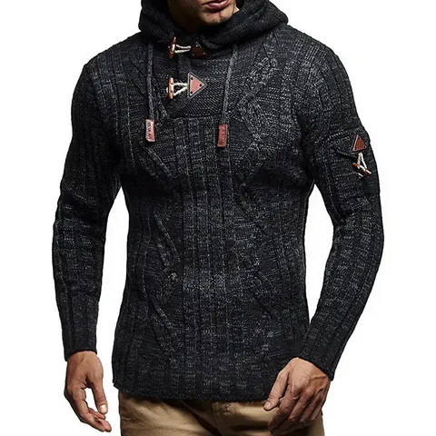 Jersey Slim Fit con Capucha para Hombre de Punto Trenzado Manga Larga con Botones de Cuerno Top de Punto Casual Invierno