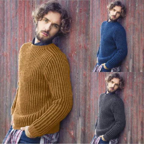 Heren Ribgebreide Trui Effen Kleur Ronde Hals Lange Mouwen Najaar Winter Casual Warm Gebreide Top