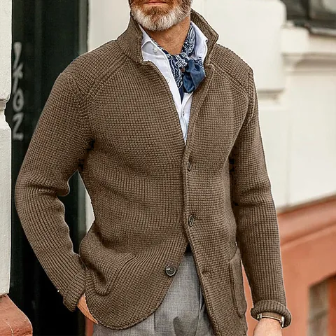 Men Slim Fit Knit Cardigan Sweater Jacket Waffle Texture Stand Collar Button Down Long Sleeve Warm Casual Outerwear Top