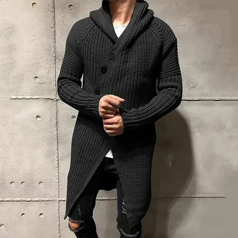 Men Mid-Long Hooded Knit Cardigan Sweater Jacket Acrylic Solid Color Slim Fit Button Closure Knitwear Top For Autumn Winter