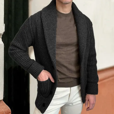 Men Vintage Shawl Collar Knit Cardigan Sweater Solid Color Long Sleeve Button Down Knitwear With Pockets Retro Top