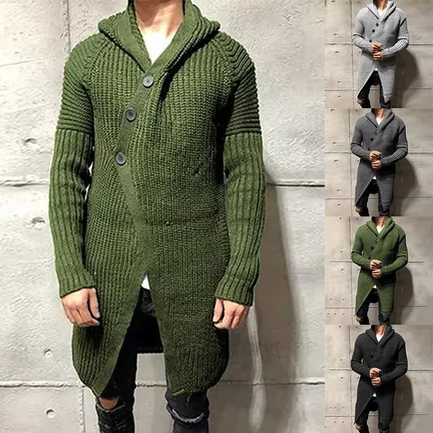 Men Mid-Long Hooded Knit Cardigan Sweater Jacket Acrylic Solid Color Slim Fit Button Closure Knitwear Top For Autumn Winter