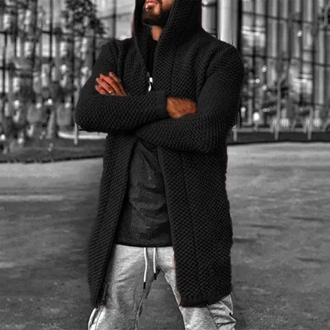 Cárdigan de Punto con Capucha para Hombre Manga Larga Frente Abierto Textura de Panal Largo Medio Suéter Abrigo Otoño Invierno Casual