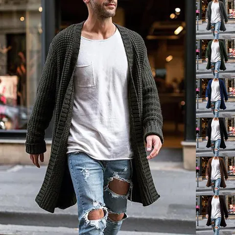 Men Casual Loose Knit Cardigan Sweater Solid Color V-Neck Long Sleeve Chunky Waffle Texture Open Front Outerwear Jacket Top