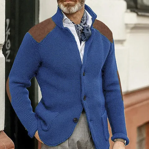 Men Slim Fit Acrylic Waffle Knit Cardigan Sweater Lapel Long Sleeve Buttons Patchwork Outerwear Autumn Winter Plus Size Top