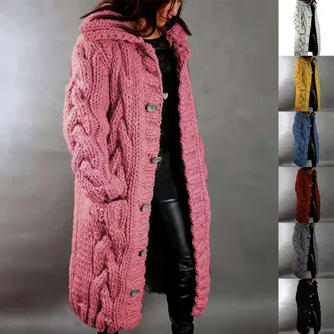 Women's Oversized Cable Knit Cardigan Long Hooded Sweater Button Down Open Front Loose Knitted Coat For Autumn Winter