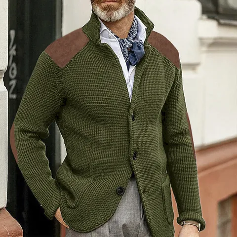 Men Slim Fit Acrylic Waffle Knit Cardigan Sweater Lapel Long Sleeve Buttons Patchwork Outerwear Autumn Winter Plus Size Top