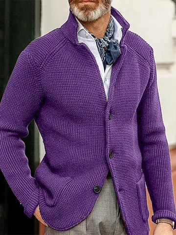 Men Slim Fit Stand Collar Knit Cardigan Sweater Waffle Knit Button Up Jacket Coat Autumn Winter Outdoor Casual Top
