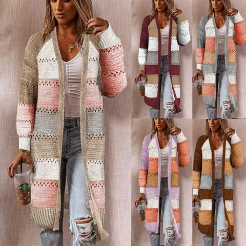 Women Cotton Polyester Colorblock Striped Long Cardigan Sweater Casual Loose Knitted Open Front Hollow Out Top For Fall Winter