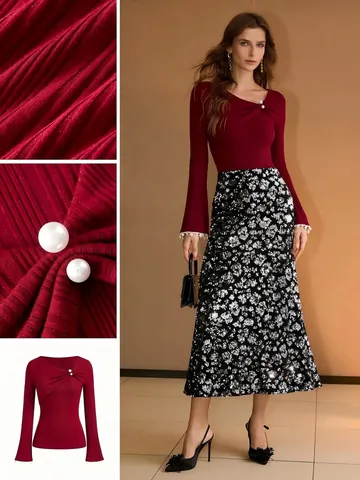 Haut en Tricot à Encolure Asymétrique pour Femmes Manches Longues Chemisier en Polyester Nervuré Perles Artificielles Élégant