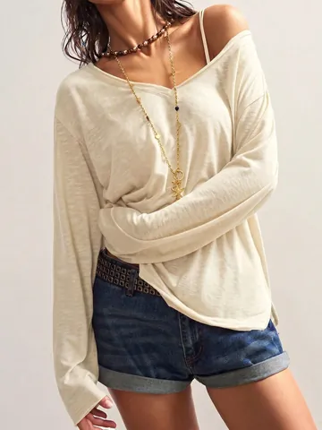 T-shirt à Manches Longues et Col en V pour Femmes Coupe Ample Couleur Unie Haut en Tricot de Polyester Doux et Respirant