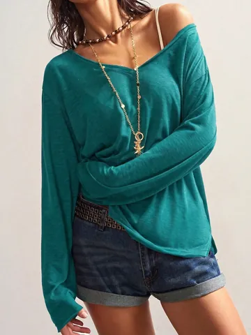 T-shirt à Manches Longues et Col en V pour Femmes Coupe Ample Couleur Unie Haut en Tricot de Polyester Doux et Respirant