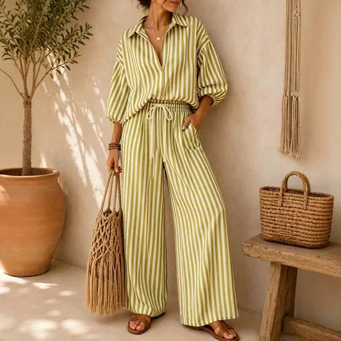 Women Striped Top And Bottom Casual Vacation Lantern Sleeve Shirt And Wide Leg Pants Two Piece Outfits For Summer