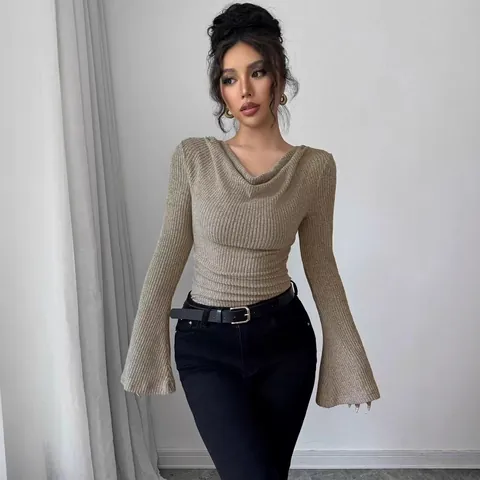 Damen Rippstrick Schulterfreies Oberteil Schmale Passform Ausgestellte Ärmel Asymmetrischer Saum Einfarbig Elegant Sexy Pendler Langarmbluse