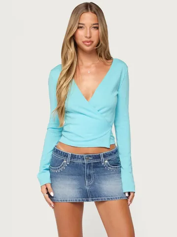 Women Elegant V-Neck Wrap Tie Top Long Sleeve Knitted Polyester Spandex Slim Fit T-Shirt Solid Color Fashion Casual Pullover