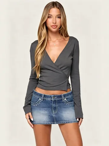 Women Elegant V-Neck Wrap Tie Top Long Sleeve Knitted Polyester Spandex Slim Fit T-Shirt Solid Color Fashion Casual Pullover
