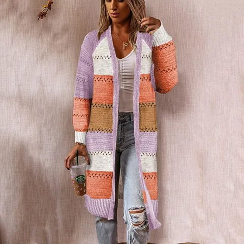 Women Elegant Color Block Open Front Long Knit Cardigan Sweater Loose V Neck Long Sleeve Patchwork Knitwear Outerwear