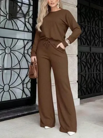 Women Waffle Knit Top And Bottom Long Sleeve Round Neck Drawstring Wide Leg Pants Loungewear Casual Leisure Wear