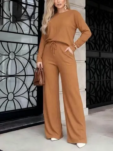 Women Waffle Knit Top And Bottom Long Sleeve Round Neck Drawstring Wide Leg Pants Loungewear Casual Leisure Wear