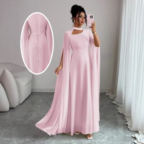 Elegant Women Cape Sleeve Back Lace Up Bodycon Maxi Dress Solid Color Chiffon Polyester Banquet Evening Party Gown Fashion