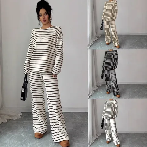 Women Striped Casual Two Piece Set Round Neck Long Sleeve Pullover Top And High Waist Wide Leg Pants Lounge Knit Outfit