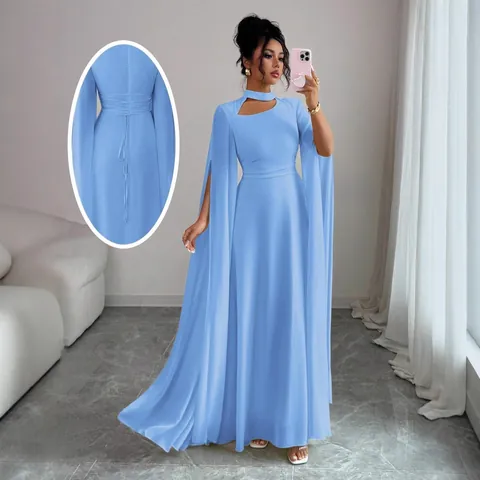 Elegant Women Cape Sleeve Back Lace Up Bodycon Maxi Dress Solid Color Chiffon Polyester Banquet Evening Party Gown Fashion