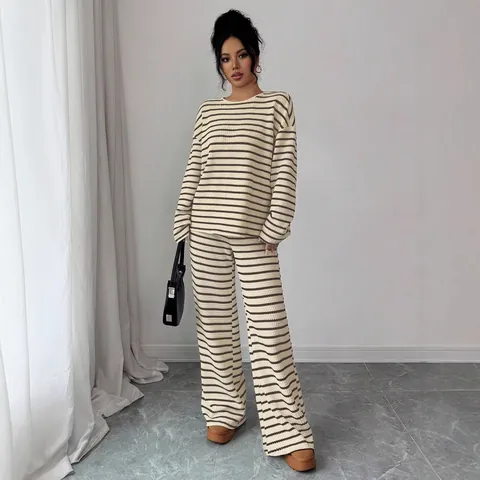 Women Striped Casual Two Piece Set Round Neck Long Sleeve Pullover Top And High Waist Wide Leg Pants Lounge Knit Outfit