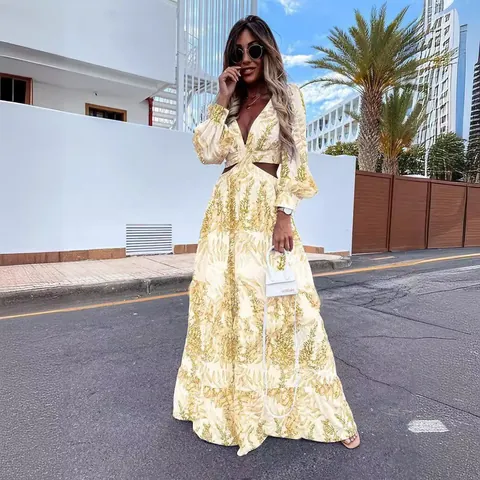 Women's V Neck Long Sleeve Maxi Dress Elegant Floral Print Cut Out Waist Bohemian Beach Vacation Party Long Polyester Dress