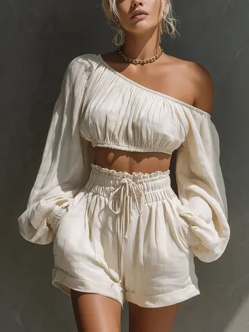 Set da Donna Tessuto Monospalla Manica Lunga Crop Top E Pantaloncini Vita Alta Con Coulisse Sopra E Sotto Stile Urbano Casual