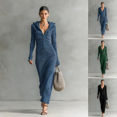 Women Slim Fit Ribbed Knit Maxi Dress Hooded Long Sleeve Button Neck Bodycon Long Sweater Dress With Pockets Polyester