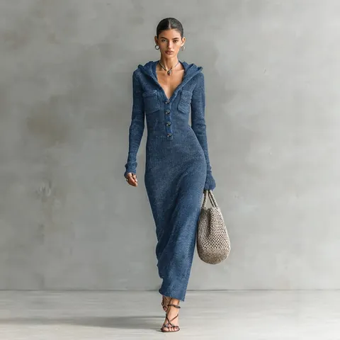 Women Slim Fit Ribbed Knit Maxi Dress Hooded Long Sleeve Button Neck Bodycon Long Sweater Dress With Pockets Polyester