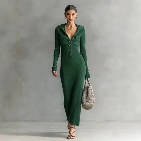 Women Autumn Winter Ribbed Knit Hooded Dress Slim Fit Bodycon Maxi Dress Half Button Up Long Sleeve Dress With Pockets