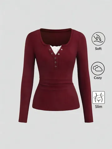T-shirt Donna a Costine con Scollo Henley Patchwork in Pizzo Top Aderente a Manica Lunga Casual Autunno Tinta Unita Basic