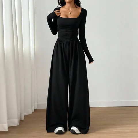 Women Square Neck Long Sleeve Jumpsuit Fashion Casual Wide Leg Solid Color Slim Fit One Piece Romper For Streetwear Party