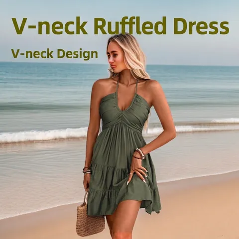 Women Summer Halter V-Neck Tiered Ruffle Mini Dress Sexy Backless Smocked Beach Vacation Sundress Cotton Blend Solid Color Sleeveless Dress