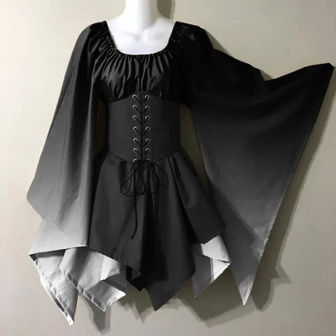 Damen Renaissance Mittelalter Gotik Kleid Halloween Cosplay Kostüm Glockenärmel Schnürung Korsett Taille Performance Outfit