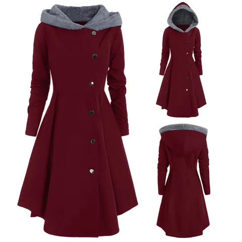 Women Vintage Hooded Woolen Coat Gothic Long Dress Style Single Breasted Polyester Costume For Halloween Christmas Performance