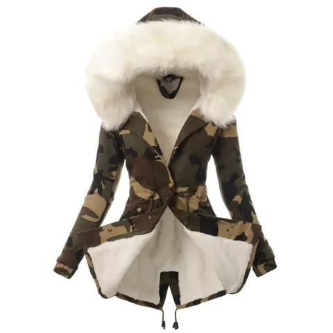Women's Camouflage Padded Parka Coat Faux Fur Collar Hooded Winter Jacket Warm Fleece Lined Outdoor Overcoat Outwear Top