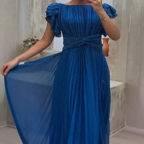 Women's Elegant Solid Color Pleated Dress Crew Neck Flutter Sleeve Twist Knot Waist Patchwork A-Line Maxi Dress For Party