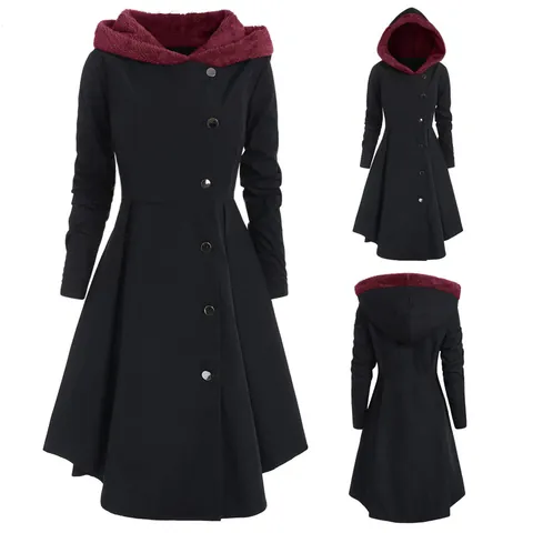 Women Vintage Hooded Woolen Coat Gothic Long Dress Style Single Breasted Polyester Costume For Halloween Christmas Performance