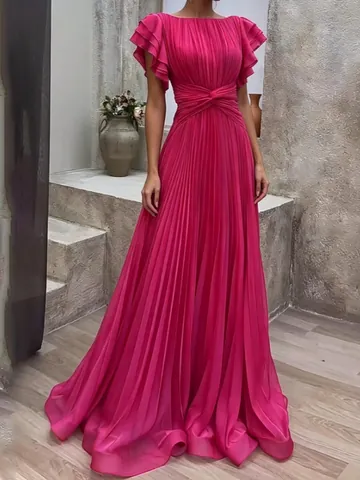 Women's Elegant Solid Color Pleated Dress Crew Neck Flutter Sleeve Twist Knot Waist Patchwork A-Line Maxi Dress For Party