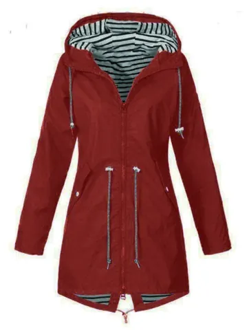 Women Hooded Waterproof Outdoor Jacket Windproof Striped Lining Drawstring Waist Versatile Raincoat For Hiking Camping Top
