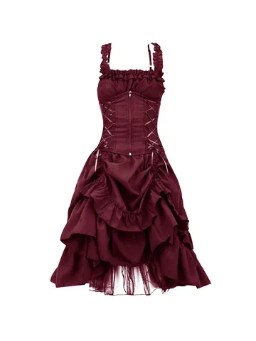 Women Gothic Flamenco Dress Polyester Corset Lace-Up Ruffles Irregular Hem Steampunk Victorian Cosplay Party Evening Gown