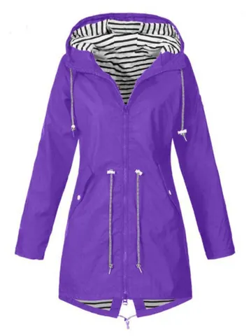 Women Hooded Waterproof Outdoor Jacket Windproof Striped Lining Drawstring Waist Versatile Raincoat For Hiking Camping Top