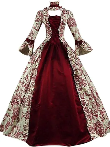 Women Medieval Victorian Renaissance Gown Vintage Printed Bell Sleeve Floor Length Dress Halloween Cosplay Costume