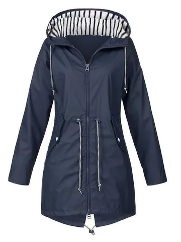 Damen Wasserdicht Winddicht Outdoor Kapuzenjacke Gestreiftes Kapuzenfutter Kordelzug Taille Outdoor Sport Mittellange Jacke Top