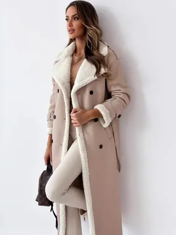 Women Faux Shearling Coat Mid-Long PU Leather Jacket Maillard Style Autumn Winter Warm Stand Collar Windbreaker Outwear Top