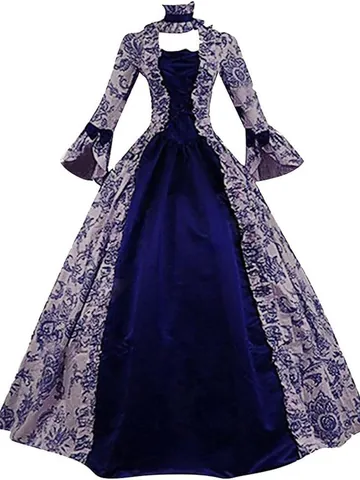 Women Medieval Renaissance Court Dress Vintage Victorian Gothic Bell Sleeve Patchwork Floor Length Gown Costume